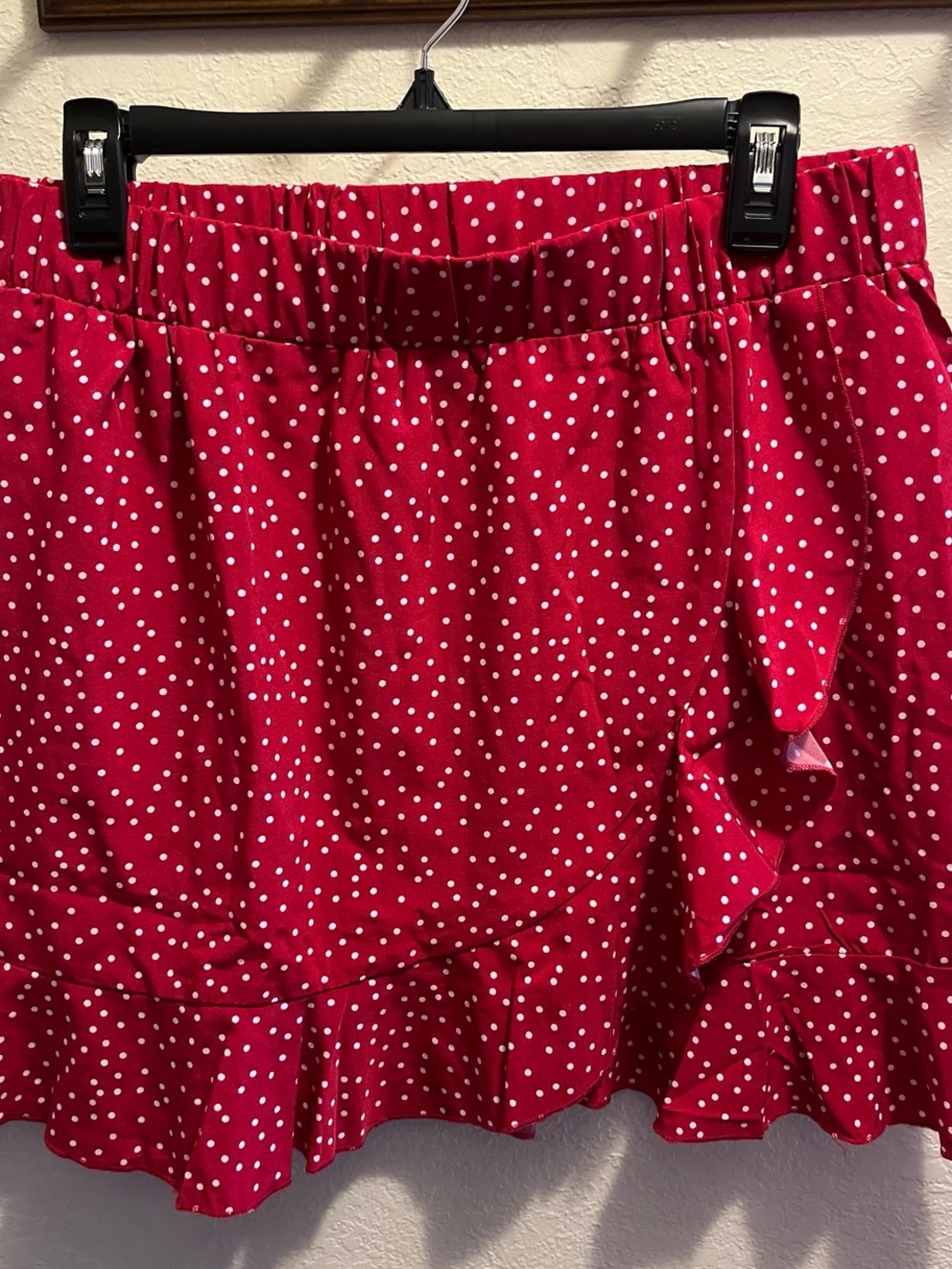 SHEIN Red Polka Dot Ruffle Skirt 
Size size XL 15 inches stretch to 18